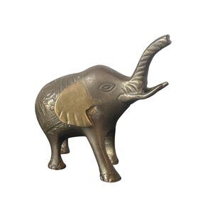 VTG Solid Brass Elephant Figurine Embossed Design Trunk Up Good Luck Boho India